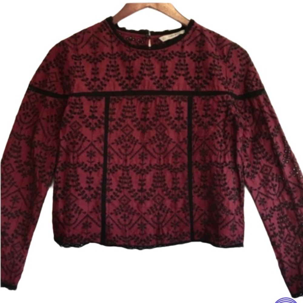 Zara Basic burgundy crop wi black embroidery lace